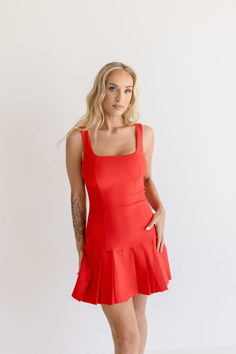 Sleeveless Stretch Linen Pleated Mini Dress Red