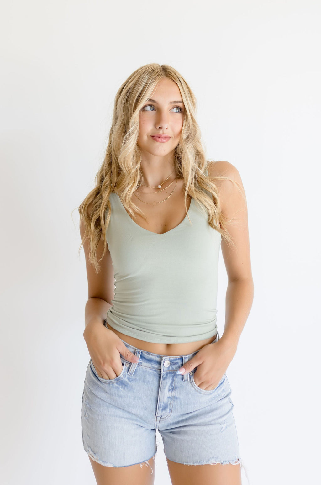 Sleeveless V Neck Crop Top Sage