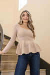 Long Sleeve Peplum Sweater Top Taupe