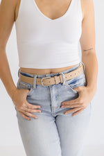 Contrast Stitched Rectangle Buckle Belt Beige