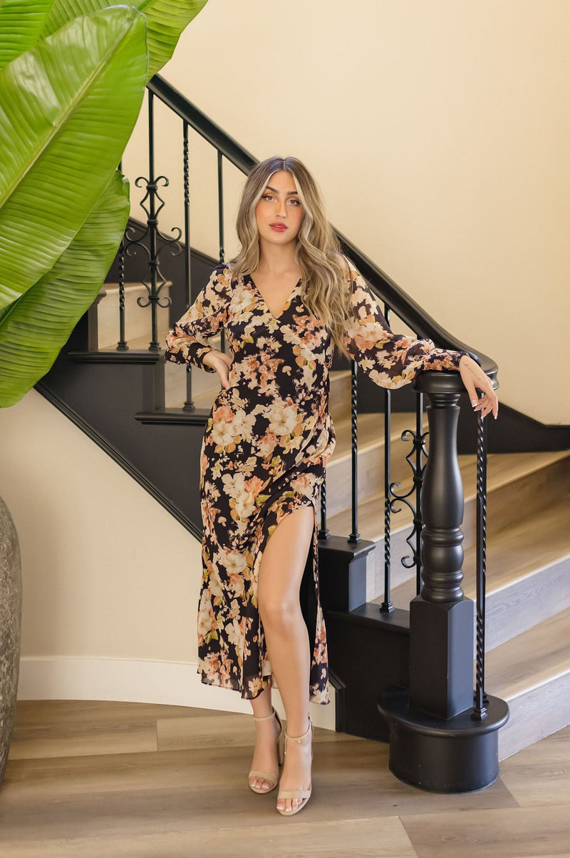 Long Sleeve Floral Print Maxi Dress Black