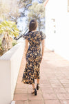 Short Flutter Sleeve Floral Print Maxi Dress Black