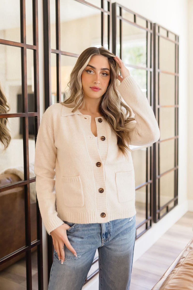 Long Sleeve Button Down Wool Cardigan Cream