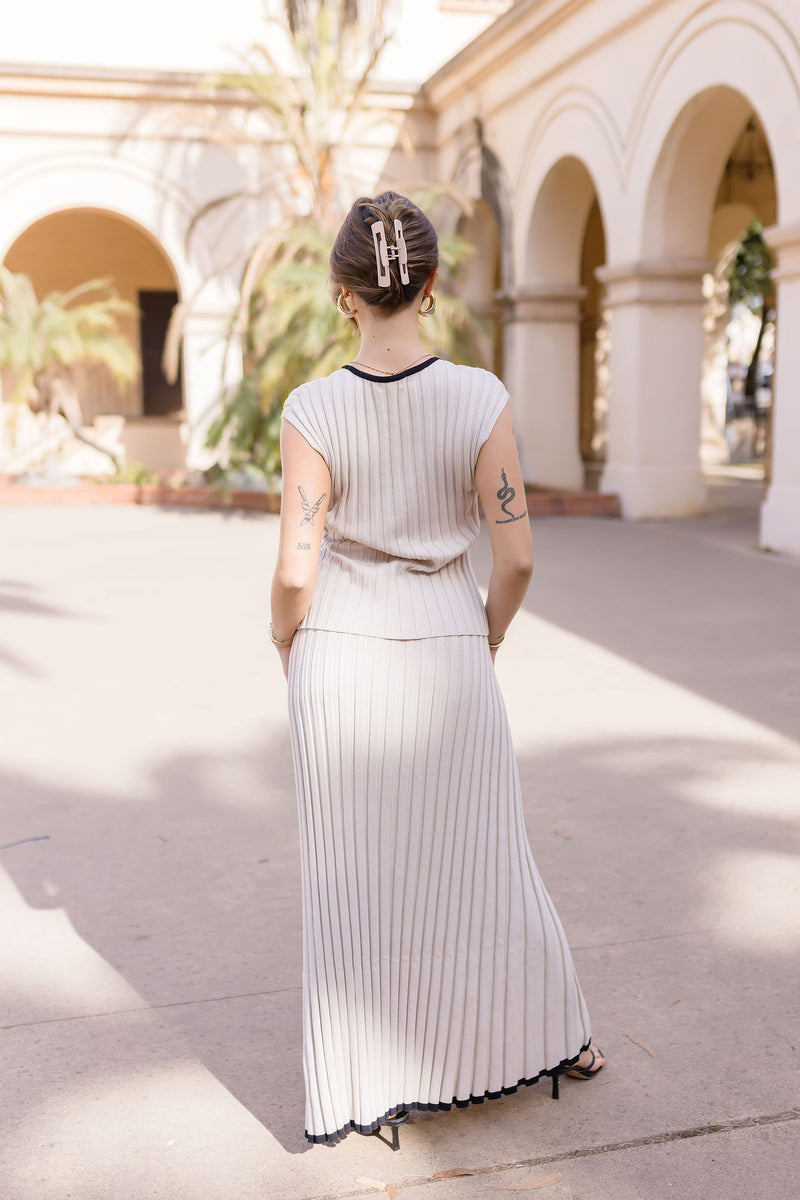 Short Sleeve Button Down Ribbed Contrast Top And Maxi Skirt Black