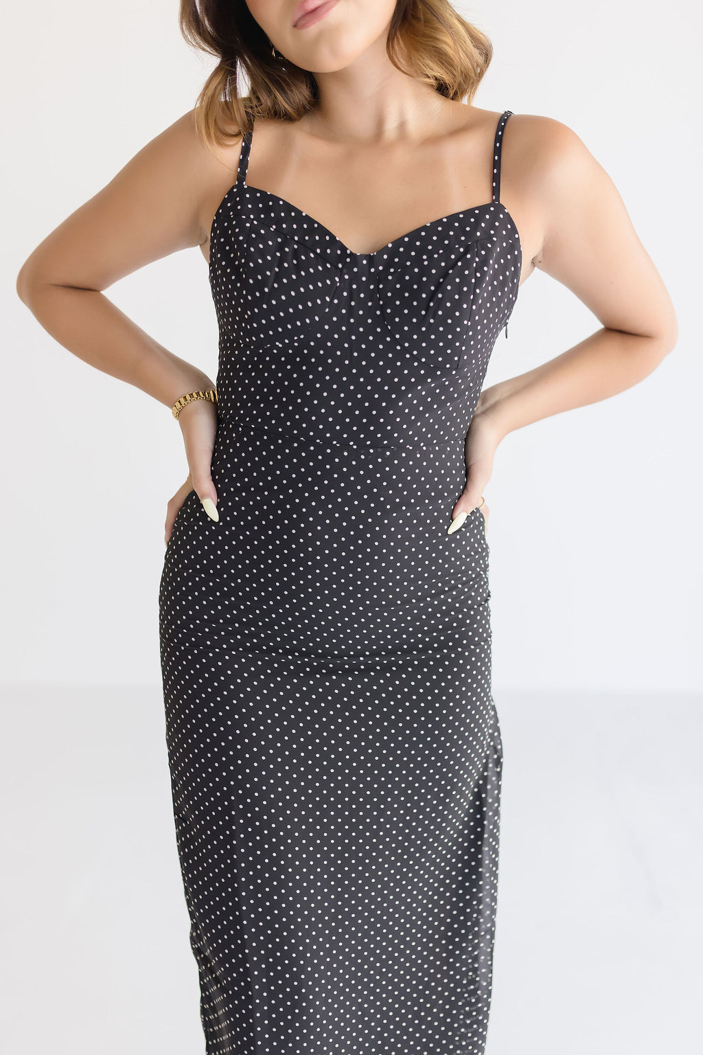  Sleeveless Polka Dot Print Midi Dress Black