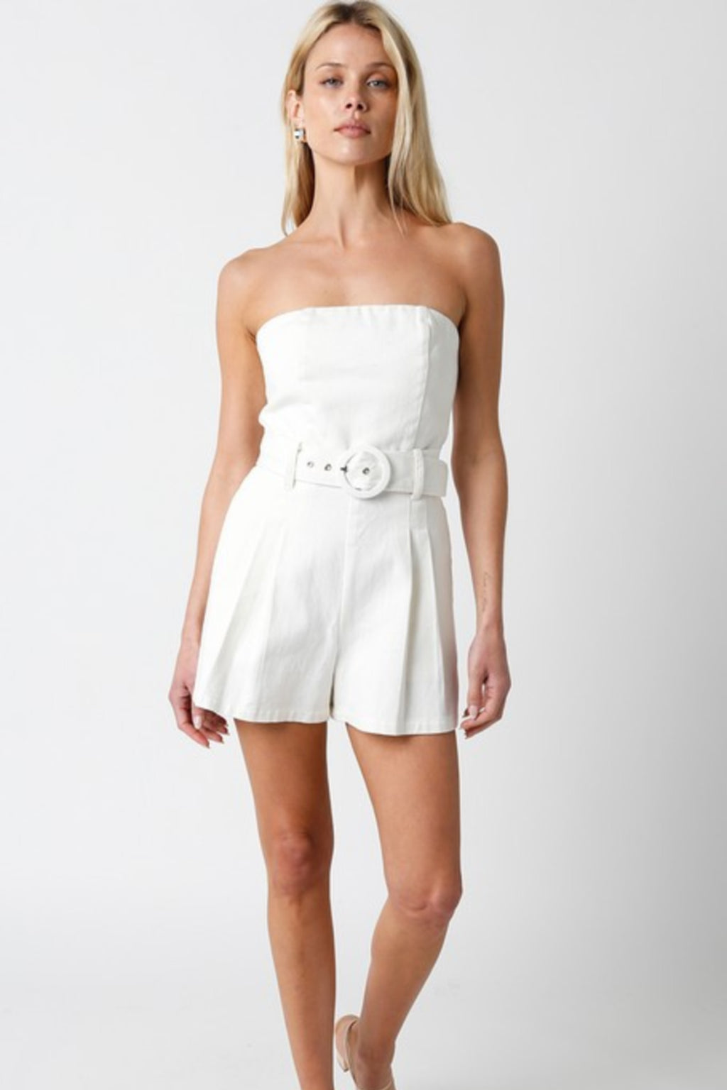 Mercedes Sleeveless Belted Denim Romper White