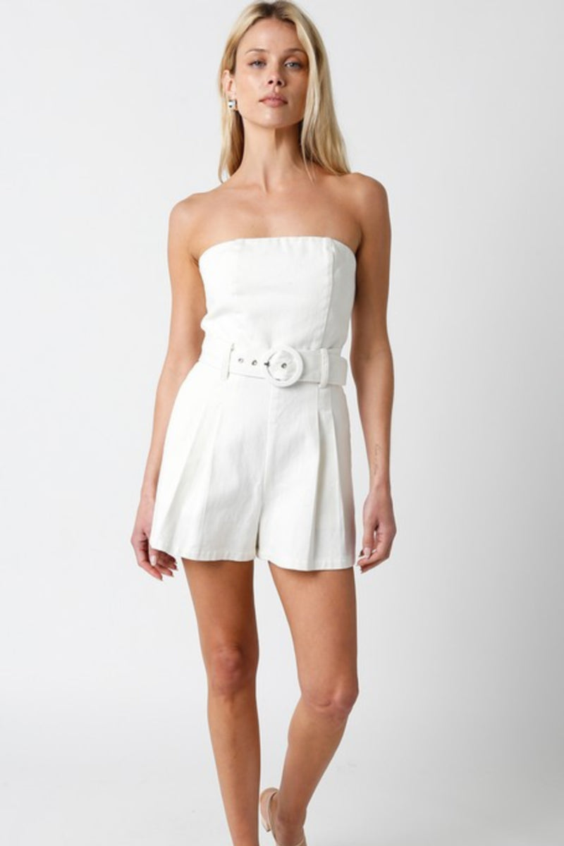 Waitlist 2/5 ♥ Mercedes Sleeveless Belted Denim Romper White