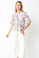 Short Puff Sleeve Front Tie Floral Print Top Blue White