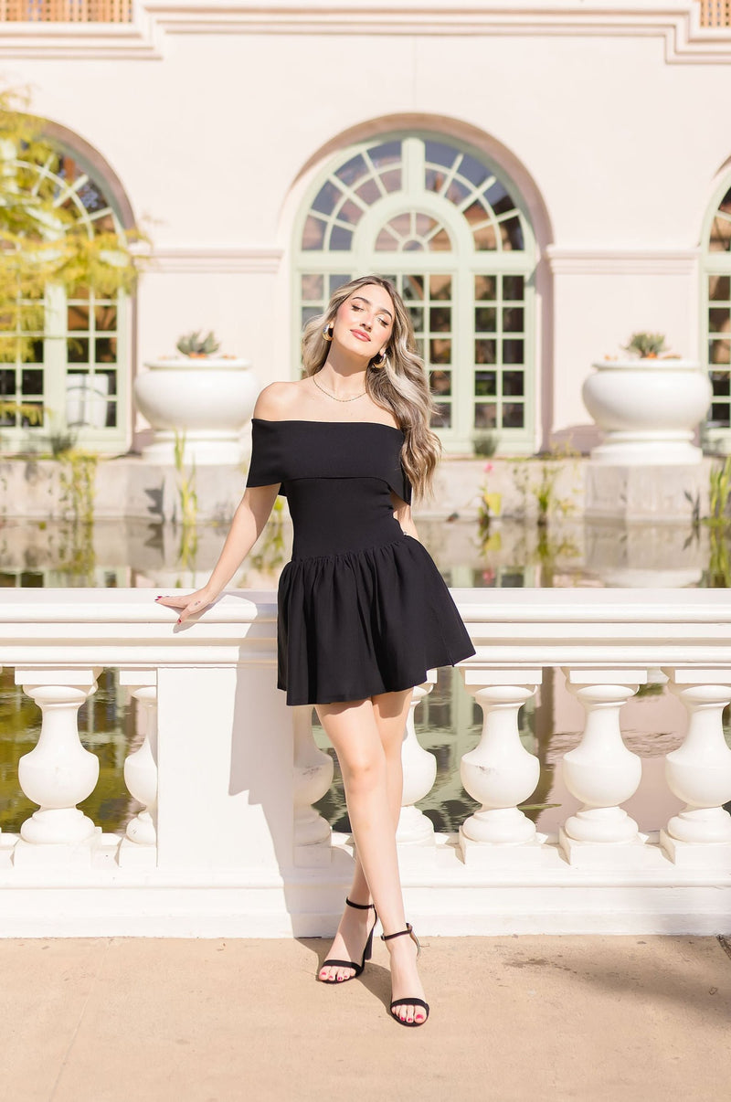 Off The Shoulder Drop Waist Mini Dress Black