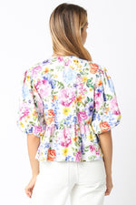 Short Puff Sleeve Front Tie Floral Print Top Blue White