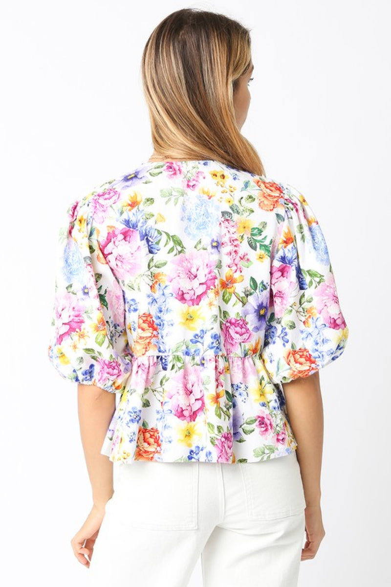 Short Puff Sleeve Front Tie Floral Print Top Blue White