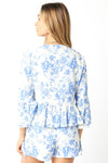  3/4 Ruffle Sleeve Front Tie Floral Print Top Blue