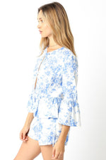  3/4 Ruffle Sleeve Front Tie Floral Print Top Blue