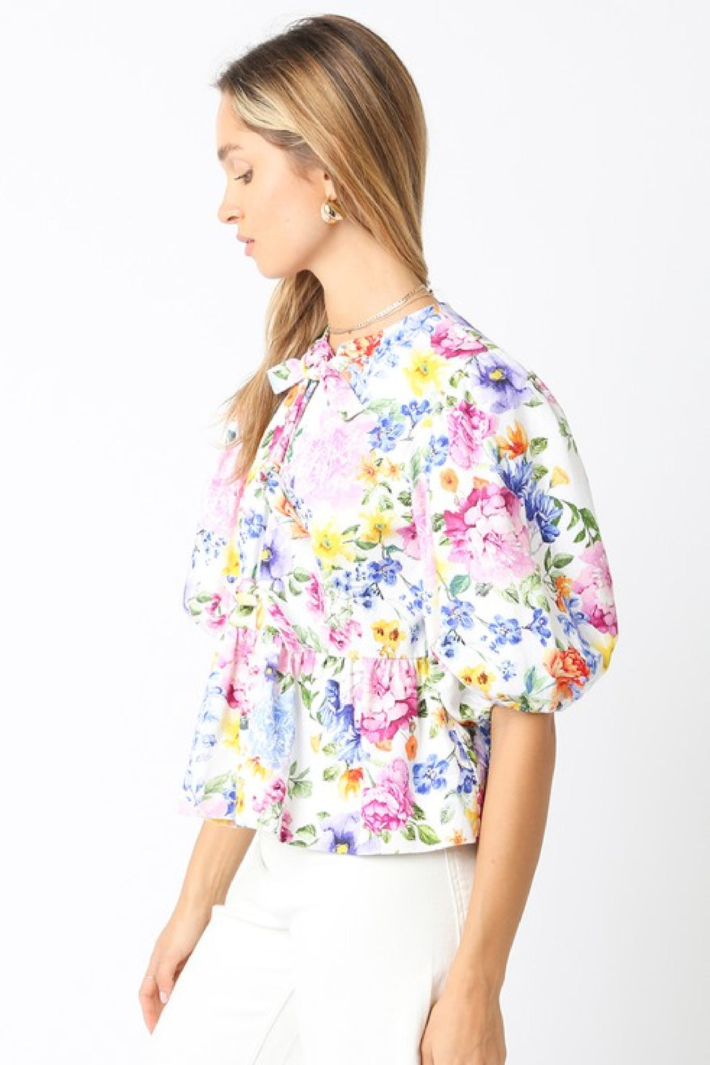 Short Puff Sleeve Front Tie Floral Print Top Blue White