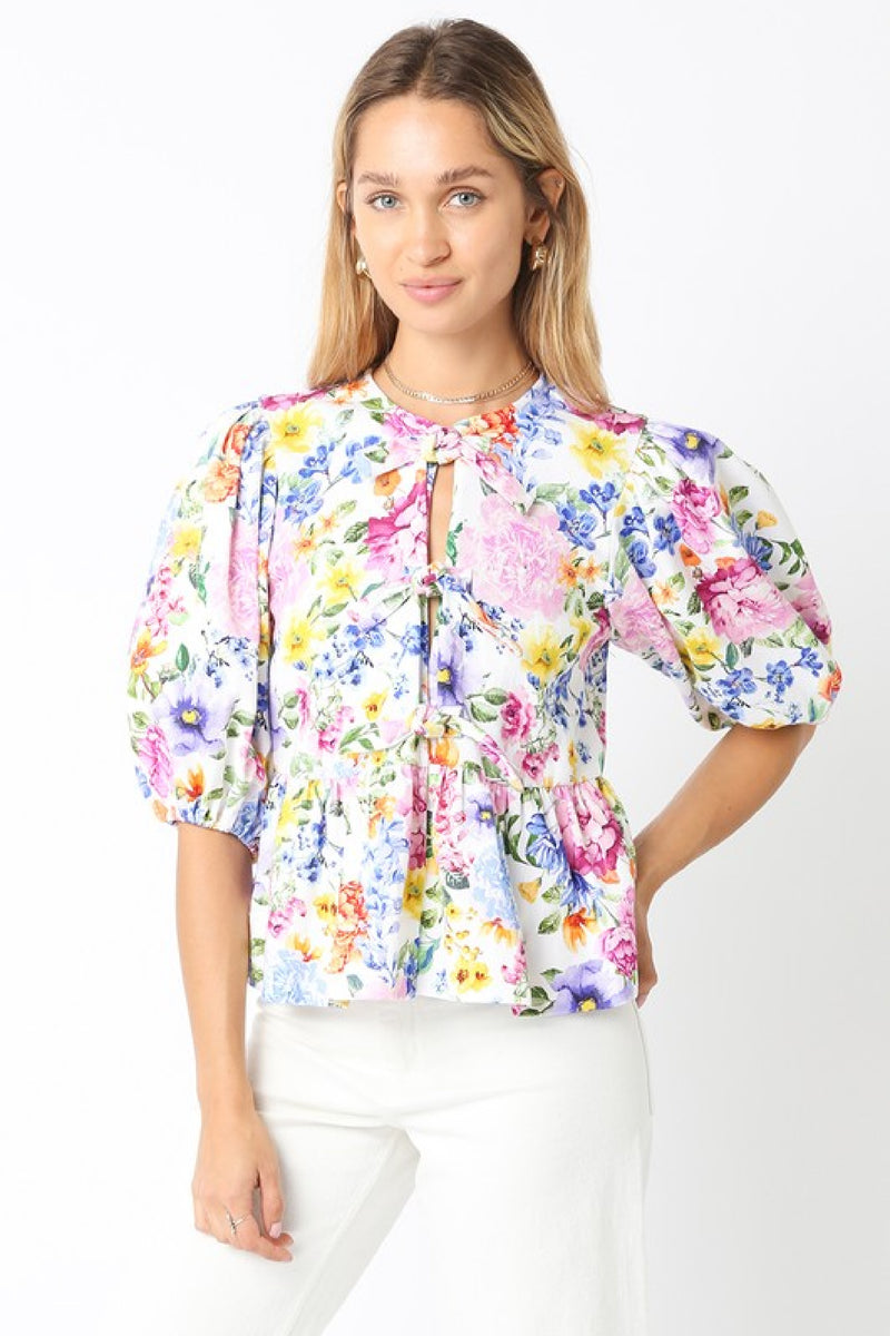 Short Puff Sleeve Front Tie Floral Print Top Blue White