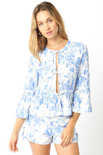  3/4 Ruffle Sleeve Front Tie Floral Print Top Blue