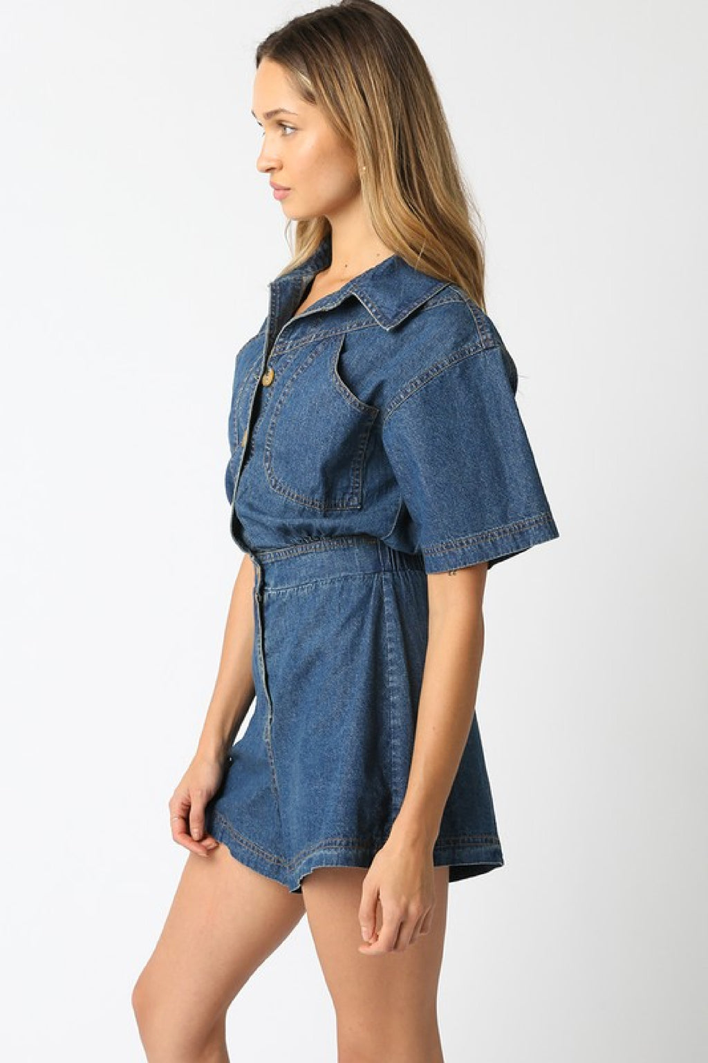 Short Sleeve Button Down Denim Romper Dark Wash