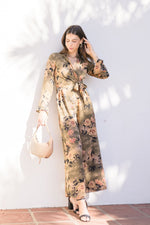 Long Sleeve Front Tie Floral Print Jumpsuit Olive