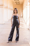 Sleeveless Vegan Leather Wide Leg Jumpsuit Black