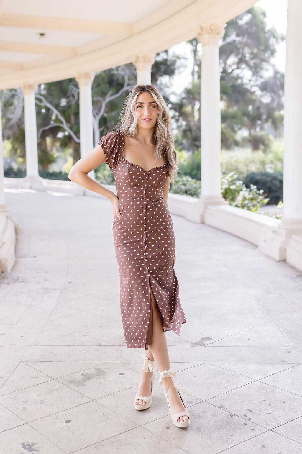  Short Sleeve Button Down Polka Dot Print Midi Dress Brown