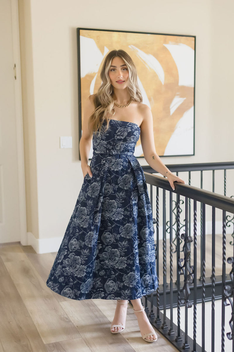 Sleeveless Floral Print Belted Denim Midi Dress Blue