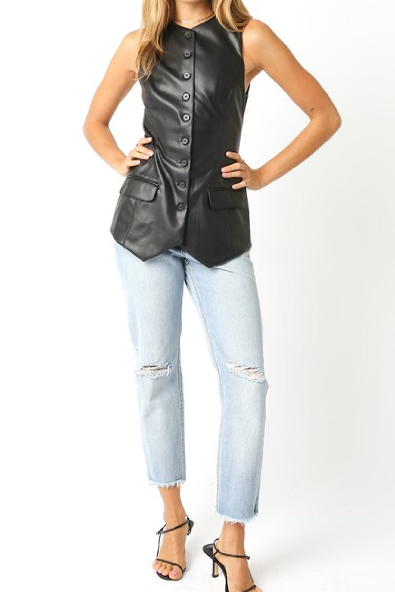 Sleeveless Vegan Leather Button Down Vest Black