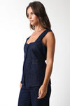 Sleeveless Partial Button Down Denim Top Dark Wash