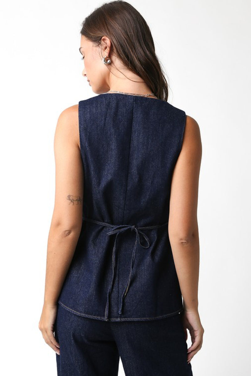 Sleeveless Partial Button Down Denim Top Dark Wash