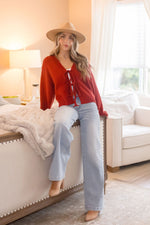 Long Sleeve Front Tie Cardigan Sweater Red