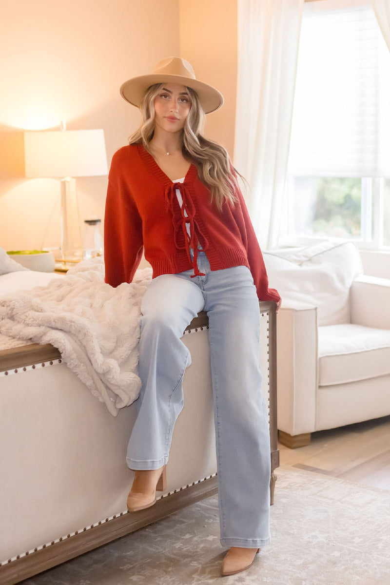 Long Sleeve Front Tie Cardigan Sweater Red