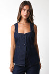 Sleeveless Partial Button Down Denim Top Dark Wash