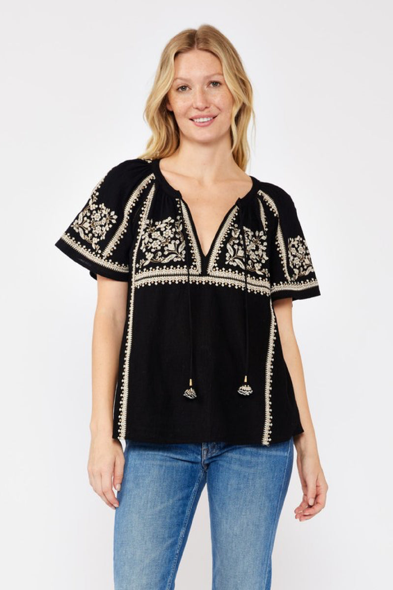 Short Sleeve Embroidered Floral Top Black