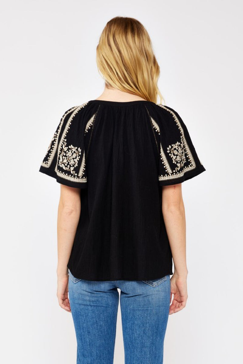 Short Sleeve Embroidered Floral Top Black