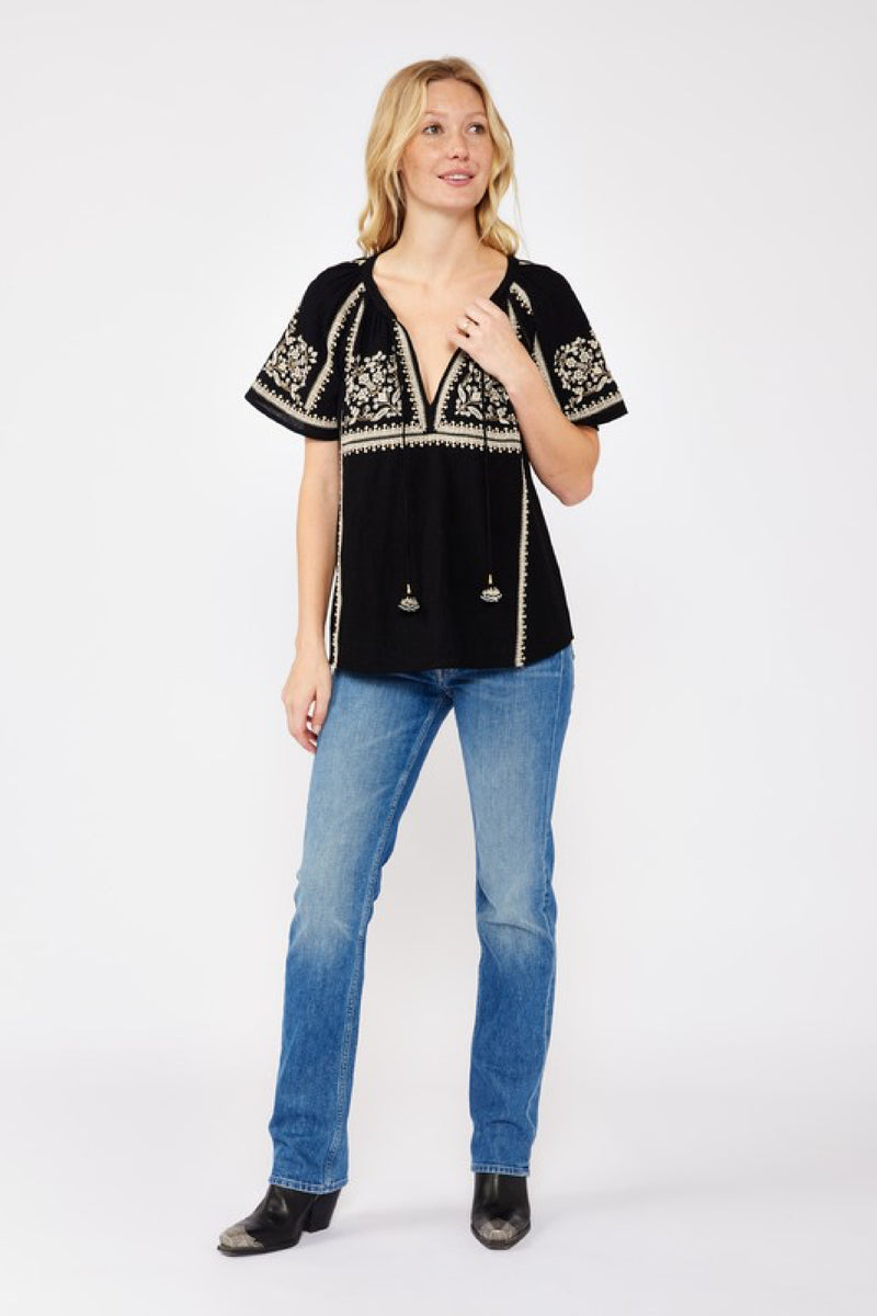 Short Sleeve Embroidered Floral Top Black