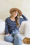 Long Sleeve Stripe Print Knit Top Navy