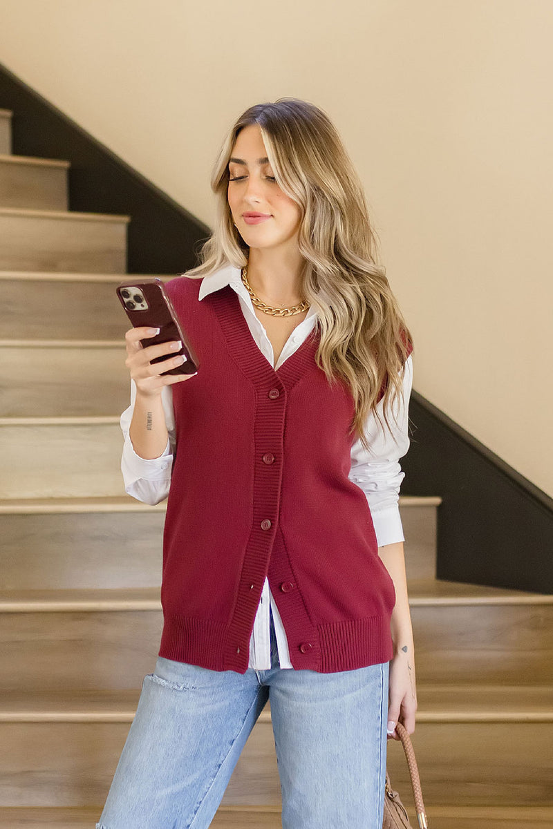 Sleeveless Button Down Sweater Vest Burgundy