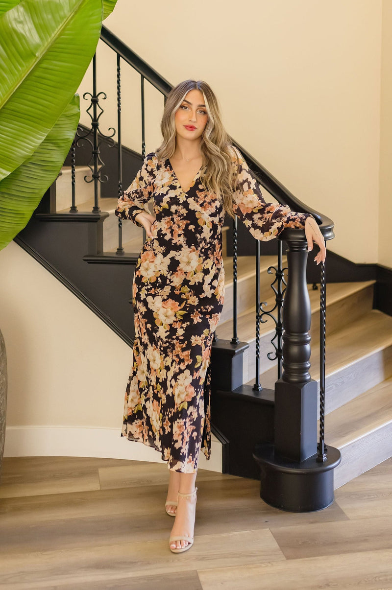 Long Sleeve Floral Print Maxi Dress Black