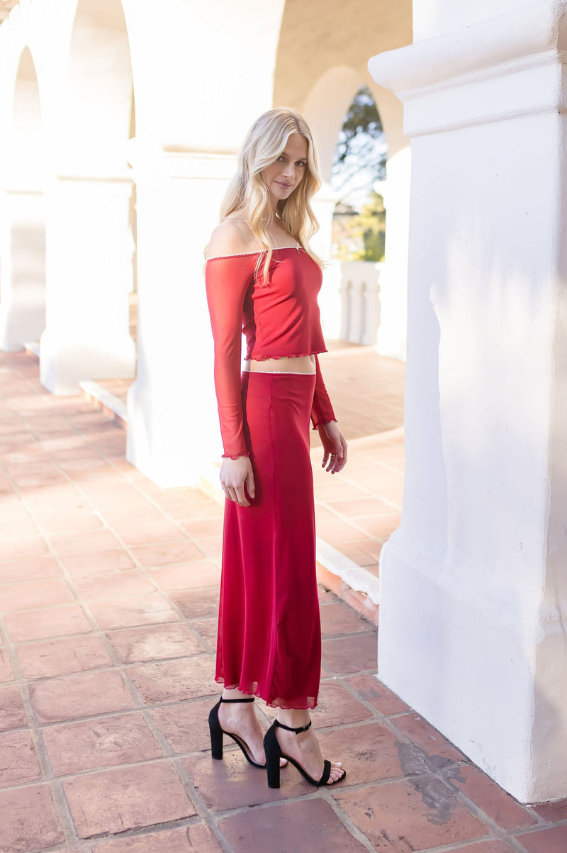 Off The Shoulder Lace Trim Mesh Top And Maxi Skirt Set Red