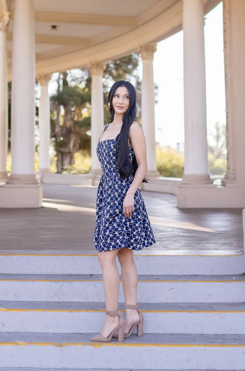 Sleeveless Eyelet Floral Print Denim Mini Dress Dark Wash