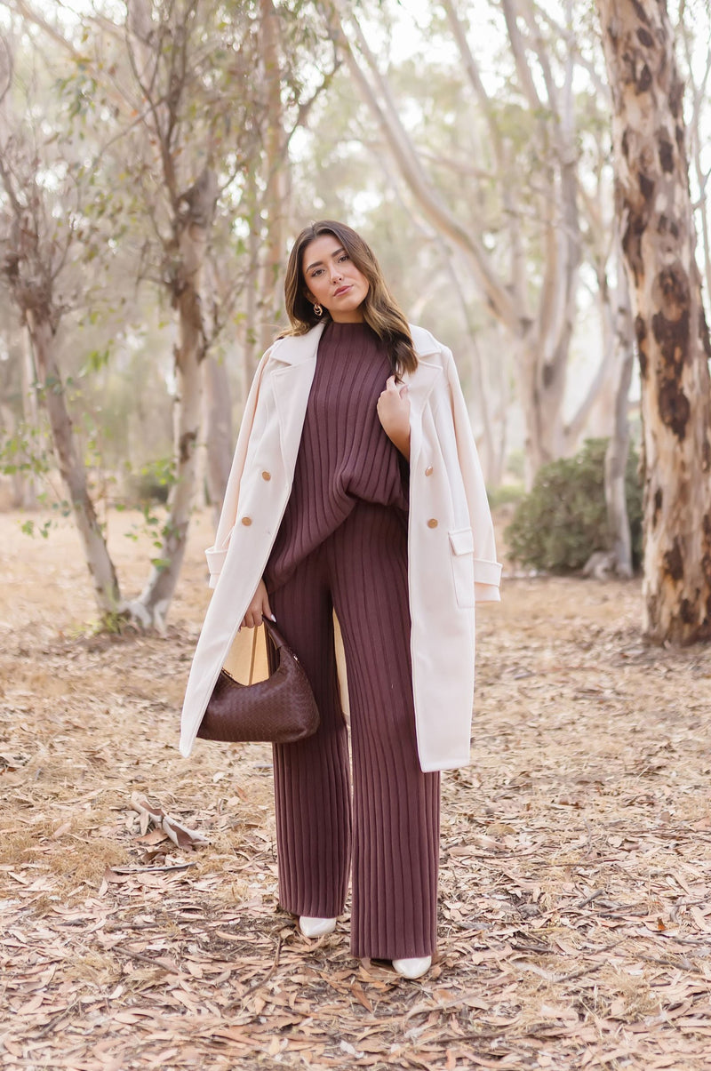 Short Sleeve Mock Neck Ribbed Sweater Top And Pants Set Brown