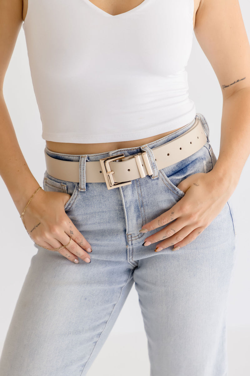 Julia Square Metal Buckle Vegan Leather Belt Taupe