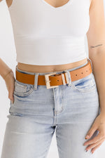 Square Metal Buckle Vegan Leather Belt Cognac