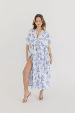 Kimono Sleeve Floral Print Maxi Dress Blue