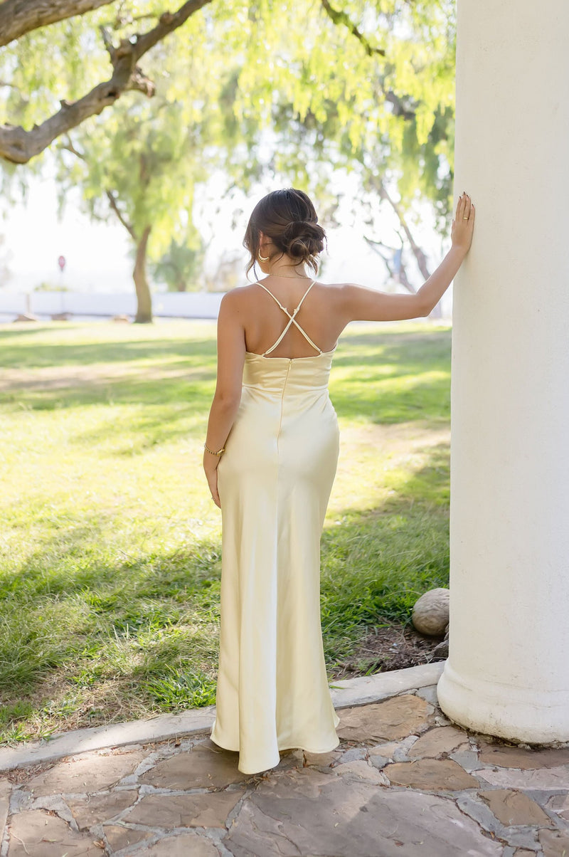 Sleeveless Lace Trim Satin Maxi Dress Yellow