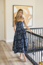 Sleeveless Floral Print Belted Denim Midi Dress Blue