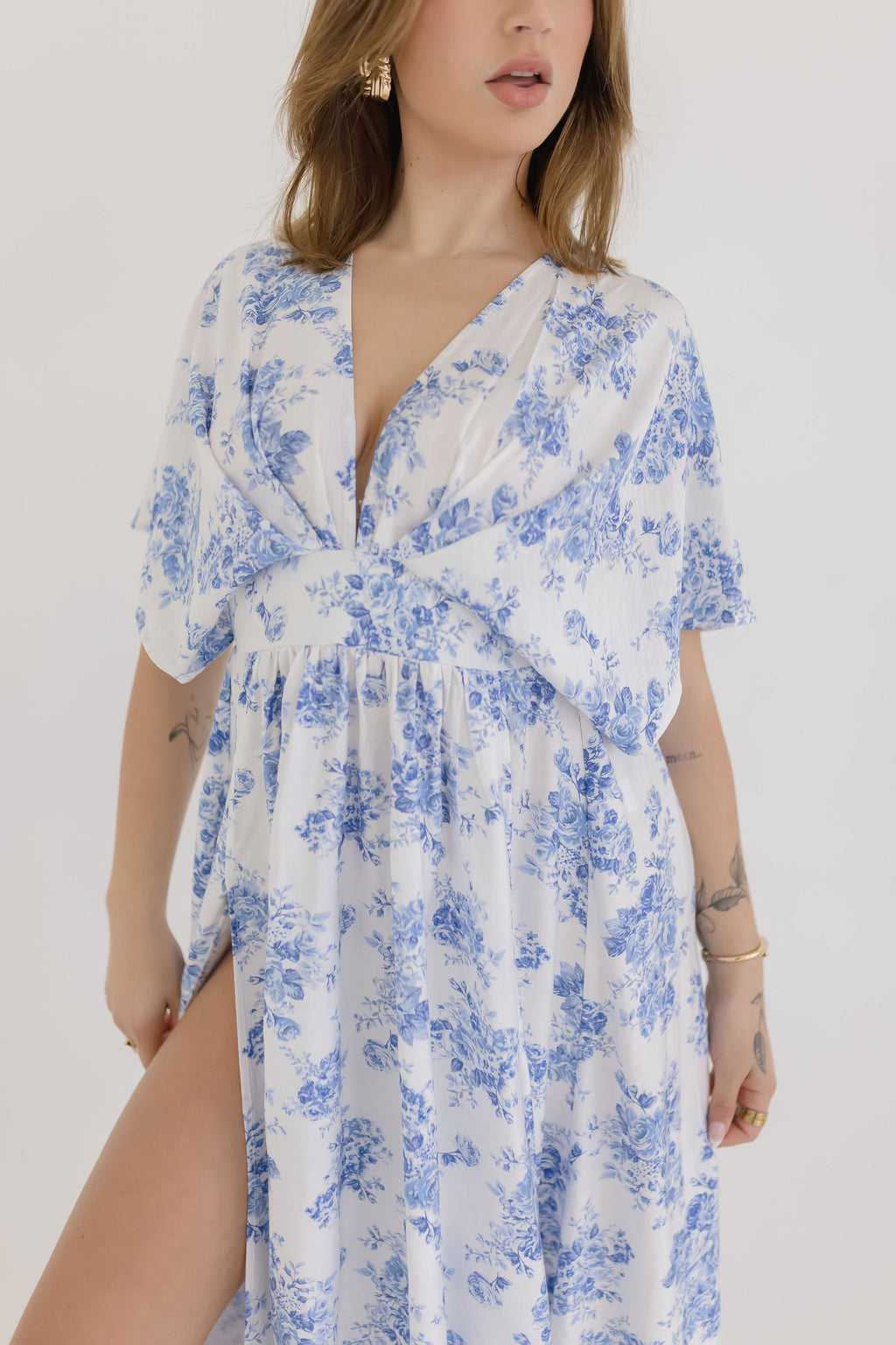 Kimono Sleeve Floral Print Maxi Dress Blue