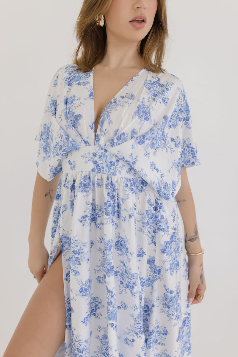 Kimono Sleeve Floral Print Maxi Dress Blue