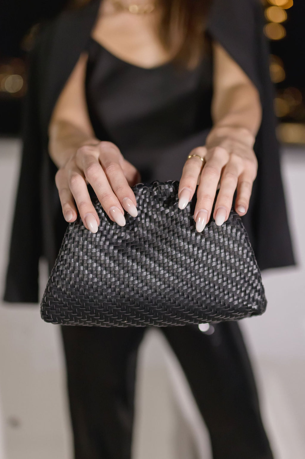 Faux Leather Woven Crossbody Clutch Black