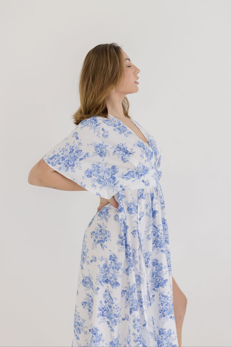 Kimono Sleeve Floral Print Maxi Dress Blue