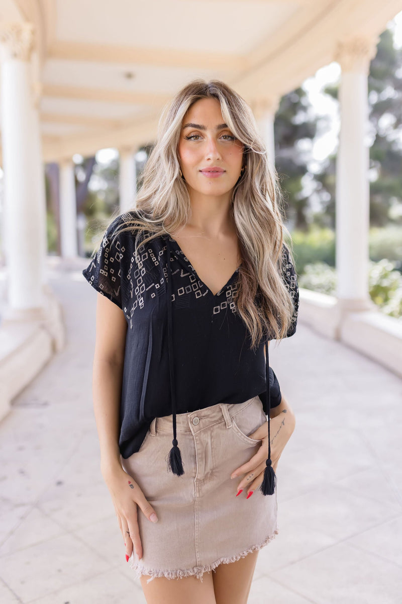 Short Sleeve Embroidered Top Black